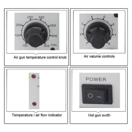 Hot Air Gun With EU Plug For Soldering And Desoldering control panel showing temperature knob, airflow control, indicators and power switch