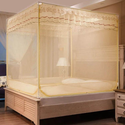 Household Free Installation Dustproof Mosquito Net for Beds Three-Door 150x200 in beige with stainless steel frame and three-door entry over bed