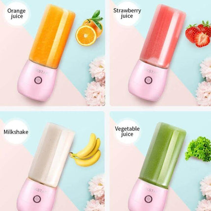 Household Fruit Juicer Cup 400ml Portable for Everyday Juices - pink portable blender showing orange, strawberry, milkshake and vegetable juices