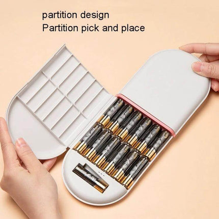 Household Battery Storage Box For Cables And Chargers, 3-Layer showing open three-layer compartment with organized AA batteries and partition system