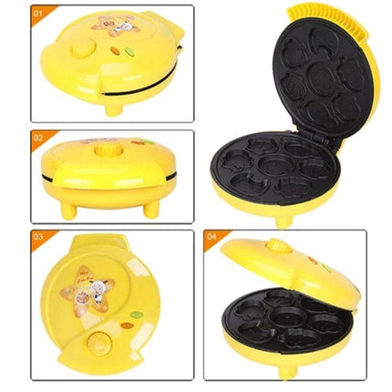Household Cake Machine With Double-Sided Heating, US/EU/AU Plug yellow non-stick pancake cake maker showing open and closed views