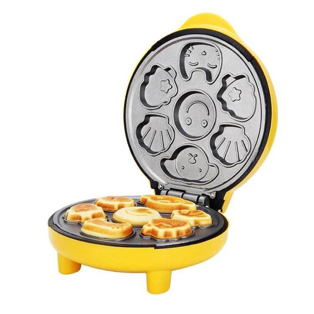 Household Cake Machine With Double-Sided Heating, US/EU/AU Plug — yellow non-stick mini cake maker with shaped molds for small cakes and pancakes