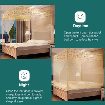 Household Free Installation Dustproof Mosquito Net for Beds Three-Door 150x200 - beige polyester, stainless steel frame, three-door bed canopy