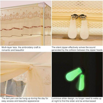 Household Free Installation Dustproof Mosquito Net for Beds Three-Door 150x200 showing lace panels, silent zippers, tent yarn ties and luminous zipper sliders