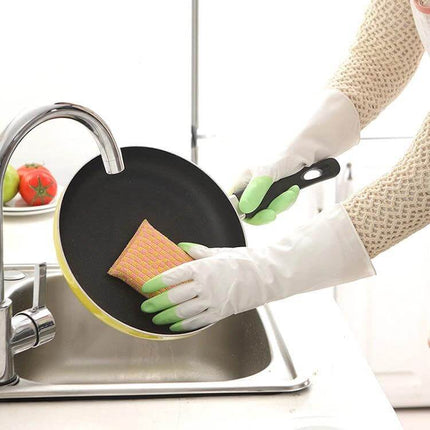 Household Cleaning Gloves Waterproof PVC Latex For Everyday Tasks - white-green gloves washing nonstick pan at sink