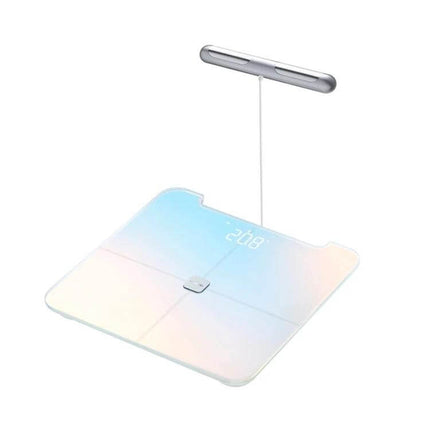 Huawei Intelligent Body Fat Scale With WiFi For Home Use white glass eight-electrode scale showing LED weight display and detachable handle
