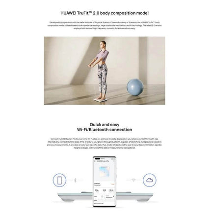 Huawei Intelligent Body Fat Scale With WiFi For Home Use showing woman standing on scale, fitness ball, and app displaying body composition