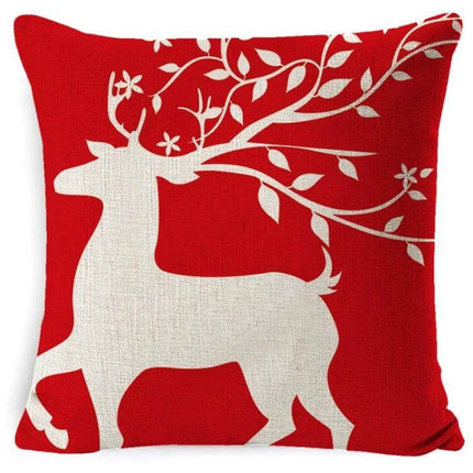 Hug Pillowcase 45x45cm Linen for Cozy Christmas Decor red linen pillow with white reindeer silhouette and leafy antlers for festive sofa