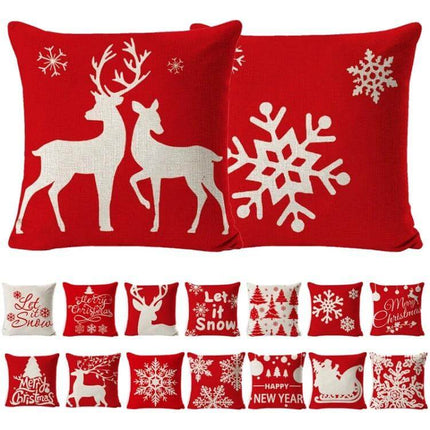 Hug Pillowcase 45x45cm Linen for Cozy Christmas Decor - red linen holiday pillow with white reindeer and snowflake design