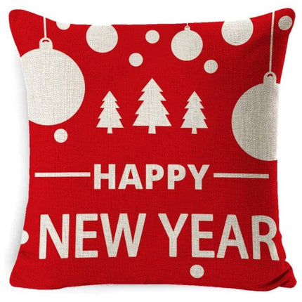 Hug Pillowcase 45x45cm Linen for Cozy Christmas Decor red holiday cushion with "Happy New Year" text and white ornament and tree graphics
