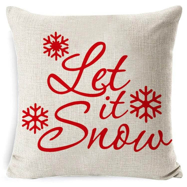 Hug Pillowcase 45x45cm Linen for Cozy Christmas Decor - beige linen cushion with red "Let it Snow" script and snowflake accents