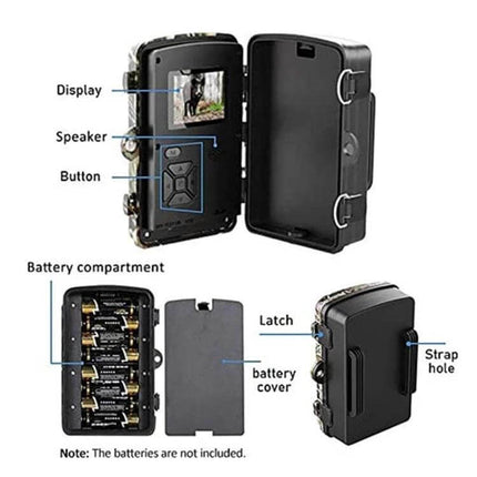 Hunting Trail Camera for Outdoor Wildlife Monitoring showing open case, display, buttons, battery compartment and strap hole
