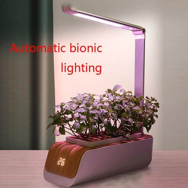 Hydroponic Full Spectrum Plant Growth Lamp for Home Vegetables and Flowers on desk with LED arm, USB Type‑C, compact hydroponic planter and pink grow light