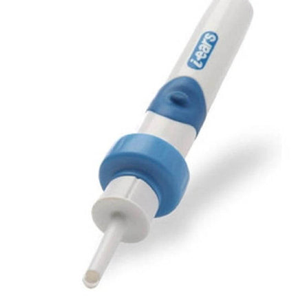 I-Ears Suction Vibration Ear Cleaner For Safe Ear Wax Removal At Home - compact white and blue handheld device with soft tip for gentle at-home ear cleaning