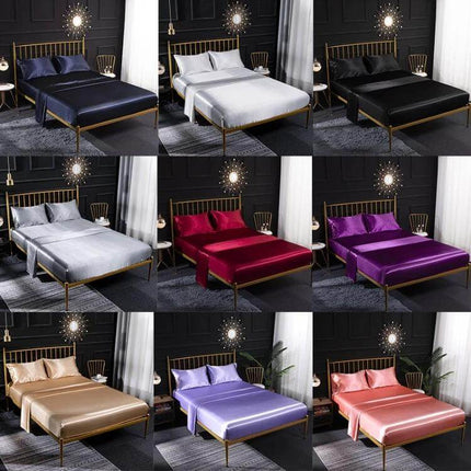 Ice Silk Bedding Set Full/Queen Size For Everyday Comfort in assorted satin colors on styled bed