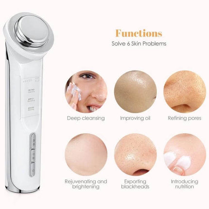 Ion Beauty Face Cleansing Massager for Deep Cleaning handheld device showing functions: deep cleansing, pore refining, oil control, brightening, blackhead removal, serum absorption