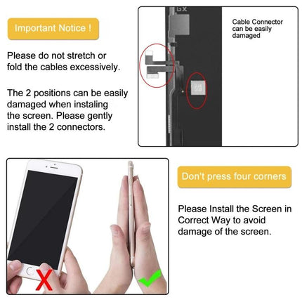 Simple Replacement Screen for iPhone 11 Pro Daily Maintenance - installation warning showing cable connector and avoid pressing four corners