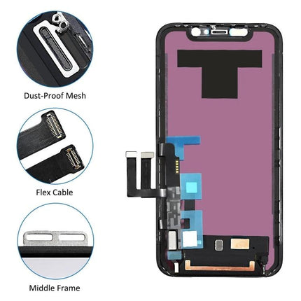 iPhone 11 LCD Screen for Everyday Phone Repairs replacement assembly showing flex cable dust-proof mesh and middle frame