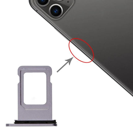 Replacement SIM Card Tray for iPhone 11 Daily Mobile Needs - metal replacement sim tray shown next to iPhone 11 corner