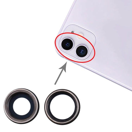 Replacement Back Camera Bezel with Lens Cover for iPhone 11 Daily Maintenance - black replacement bezel and lens cover shown next to iPhone 11 camera