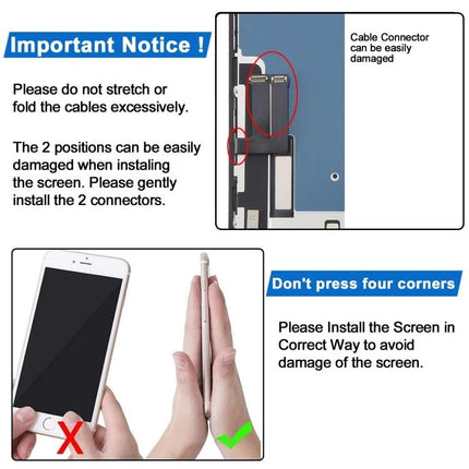 Incell LCD Screen Replacement for iPhone 11 Daily Use - installation notice showing cable connector caution and correct screen pressure placement