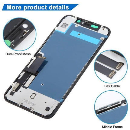 Incell LCD Screen Replacement for iPhone 11 Daily Use showing flex cable, dust-proof mesh, and middle frame details