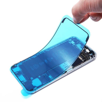 Adhesive for iPhone 11 Front Housing Repair in Daily Use - clear blue adhesive sheet being applied to iPhone 11 housing