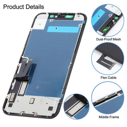 GX InCell LCD Screen for Everyday iPhone 11 Maintenance - replacement display assembly showing flex cable, dust-proof mesh and middle frame for testing