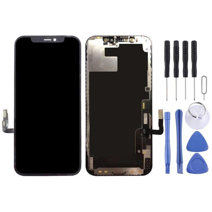 Essential iPhone 12 Screen for Daily Communication Needs replacement LCD assembly with tools kit showing front and back display