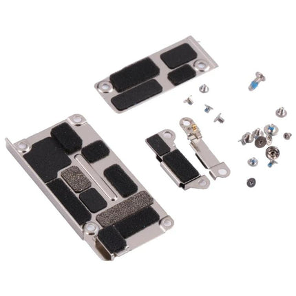 Replacement Cover Set for iPhone 12 Daily Phone Maintenance showing metal plates, foam pads and screws for battery cover replacement