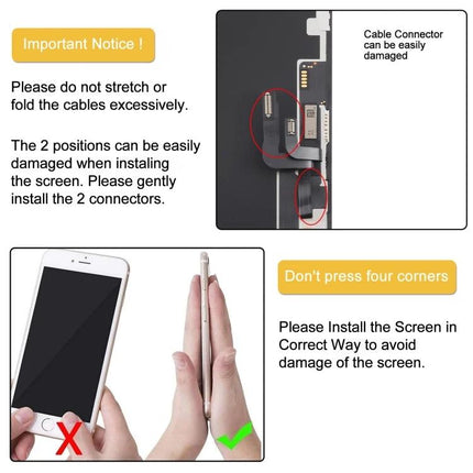 GX Replacement Screen for iPhone 12 Daily Use Essentials - installation warning showing cable connectors and correct hand placement to avoid damage