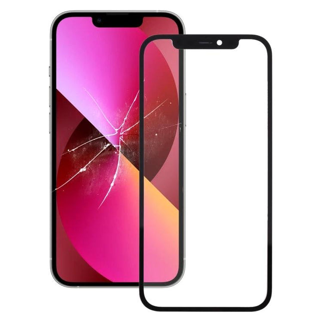 Outer Glass Lens Replacement for iPhone 13 Daily Maintenance - black front glass lens beside cracked iPhone 13 screen