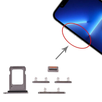 Essential Replacement for iPhone 13 Pro SIM Tray and Side Keys showing SIM tray and metal side keys replacement parts for volume and power