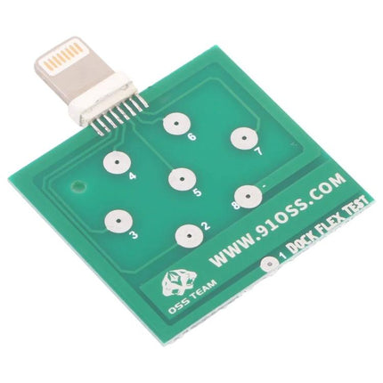 iPhone 8 Pin Charging Port Diagnostic Tester Board for Repairs plugged into tail connector for quick port and battery diagnostics