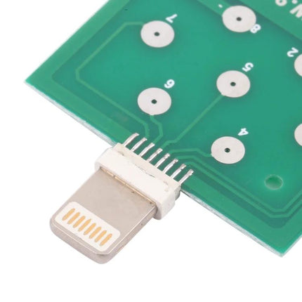iPhone 8 Pin Charging Port Diagnostic Tester Board for Repairs showing tail plug connector and PCB test points for fast charging port and battery diagnostics