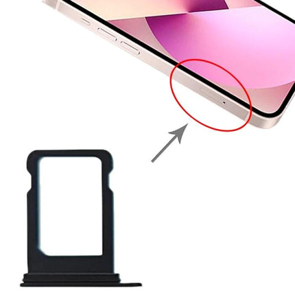 Replacement SIM Tray for Everyday iPhone 13 Mini Use – black replacement SIM tray shown next to iPhone 13 Mini side slot