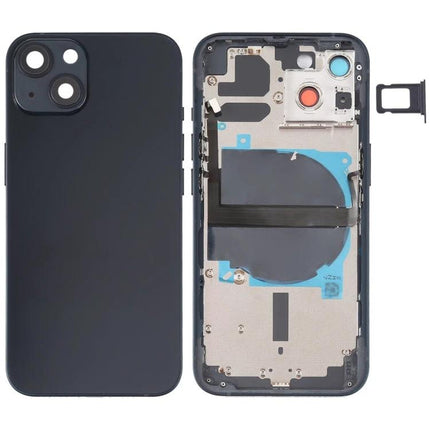 Replacement Back Cover for iPhone 13 Daily Use Essentials - black rear housing with side buttons, card tray, flex cables and wireless charging module