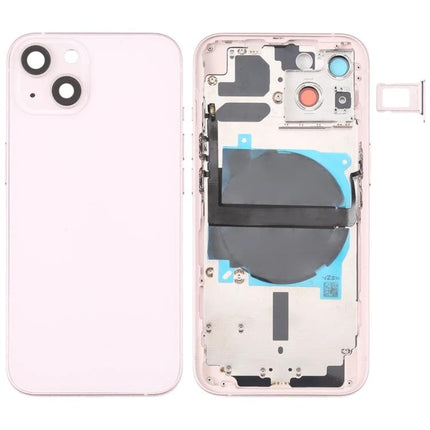 Replacement Back Cover for iPhone 13 Daily Use Essentials showing pink rear housing with side buttons, card tray, flex cables and wireless charging module