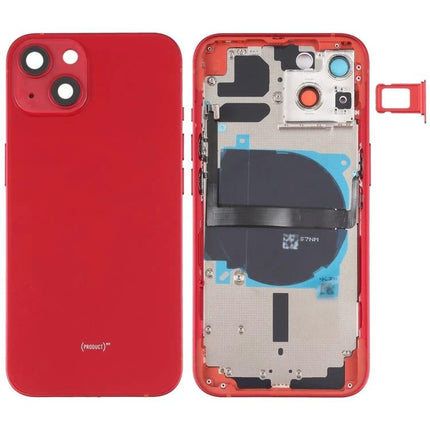 Replacement Back Cover for iPhone 13 Daily Use Essentials - red rear housing with side buttons, card tray, flex cables and wireless charging module