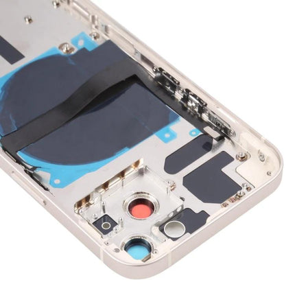 Replacement Back Cover for iPhone 13 Daily Use Essentials showing internal components, wireless charging pad, side buttons and camera openings