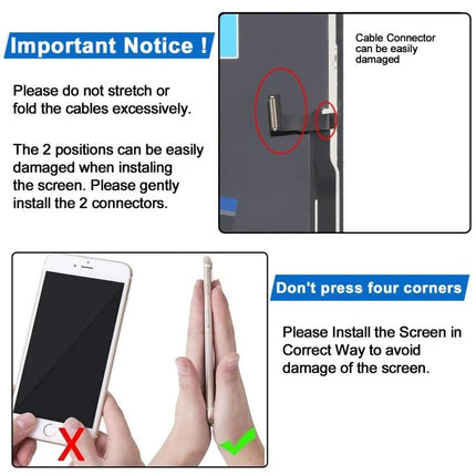 JK incell LCD Screen Replacement for iPhone 13 Pro Max Daily Use - installation notice showing connector caution and correct handling to avoid damage