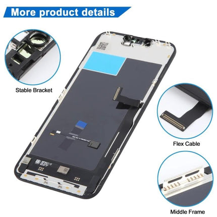 JK incell LCD Screen Replacement for iPhone 13 Pro Max Daily Use showing full replacement assembly with flex cable, stable bracket and middle frame
