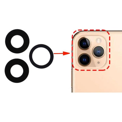 Replacement Back Camera Lenses for iPhone 11 Pro Daily Use - black replacement rings shown next to iPhone 11 Pro camera module