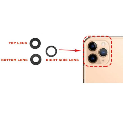 Replacement Back Camera Lenses for iPhone 11 Pro Daily Use - set of three replacement back camera lens rings shown with iPhone 11 Pro camera module