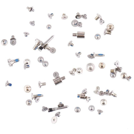 Essential Screws and Bolts Kit for Home iPhone Repairs scattered silver iPhone screws and bolts on white background