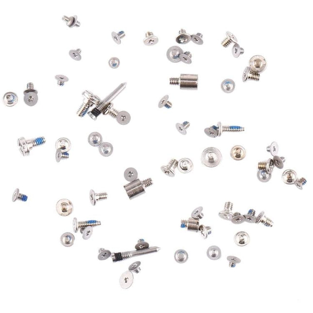 Essential Screws and Bolts Kit for Home iPhone Repairs scattered silver iPhone screws and bolts on white background