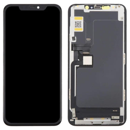 JK Soft OLED Screen for Daily iPhone Repairs replacement display for iPhone 11 Pro Max showing front and back with connectors, 120Hz smooth touch