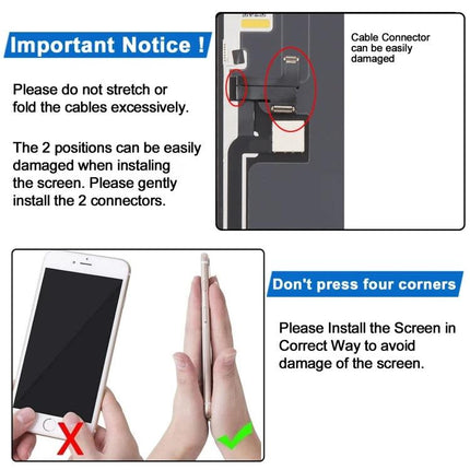 JK Soft OLED Screen for Daily iPhone Repairs installation warning graphic showing cable connector caution and proper screen handling