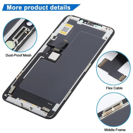 JK Soft OLED Screen for Daily iPhone Repairs replacement assembly showing dust-proof mesh, flex cable and middle frame for iPhone 11 Pro Max