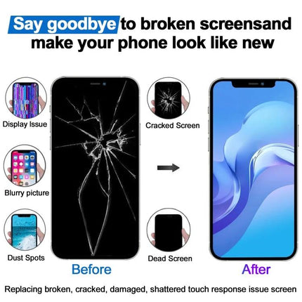 JK Soft OLED Screen for Daily iPhone Repairs replacement showing cracked iPhone 11 Pro Max before and restored after with 120Hz smooth touch